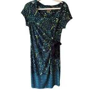 Taylor Blue and Black Ruched Wrap Midi Dress